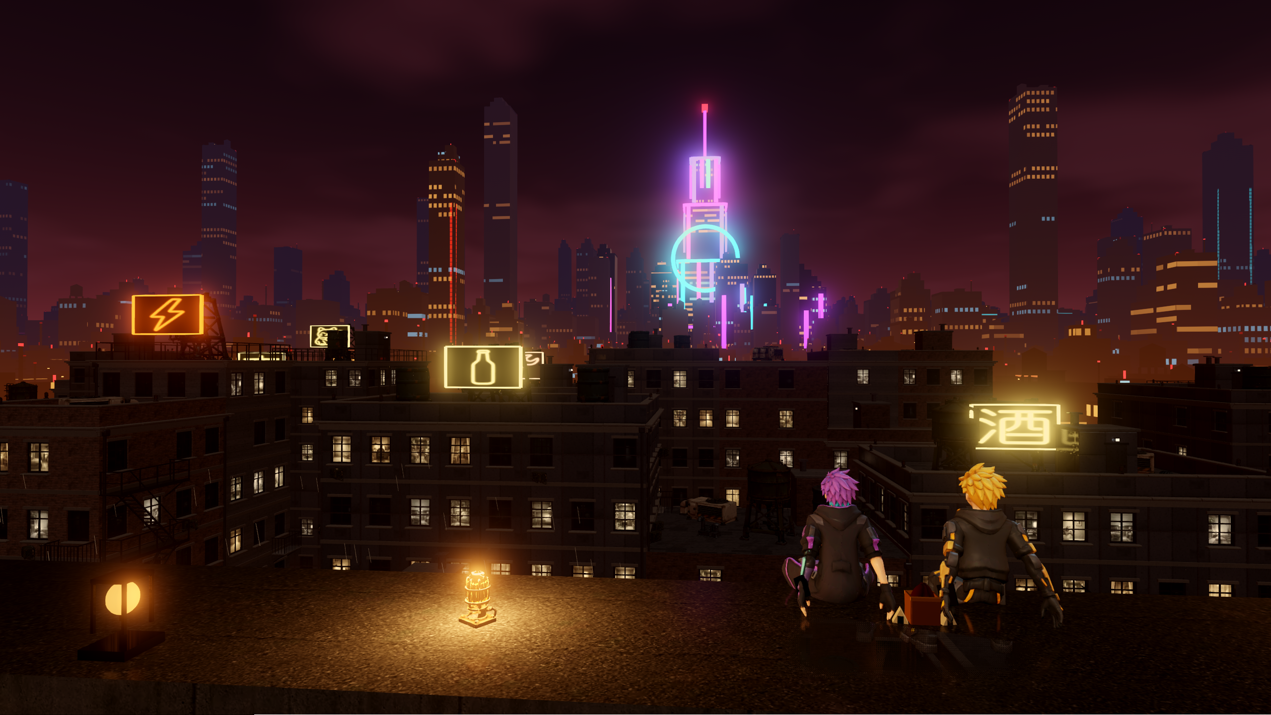 The Stacks at night from a rooftop: a neon tower in cyan and magenta over the skyline, a lit 酒 sign, and Zero and One sitting on the parapet